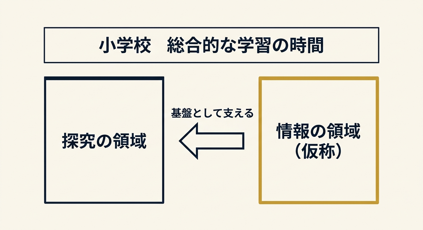 小学校の総合的な学習の時間を、探究の領域と情報の領域の2つで構成する案の図