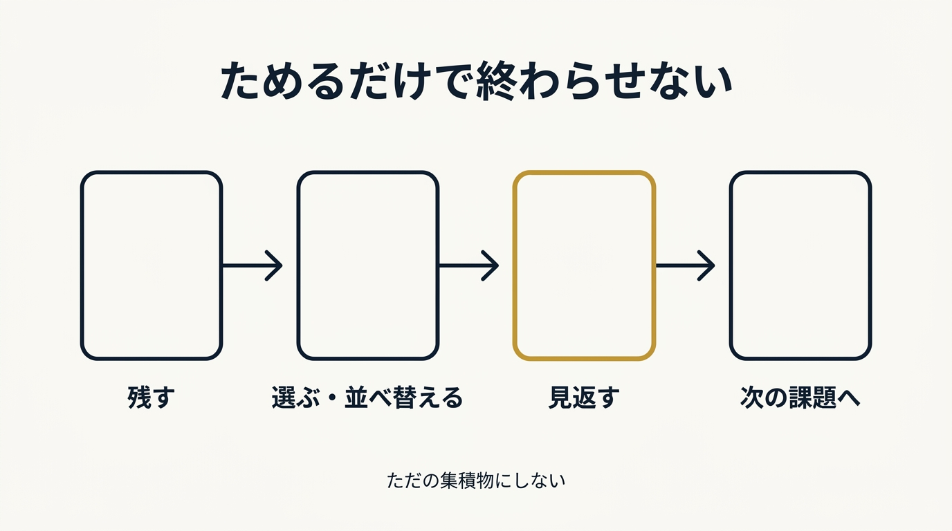 ポートフォリオを、残す、選ぶ・並べ替える、見返す、次の課題へ、の流れで使う図。見返す段階を強調している