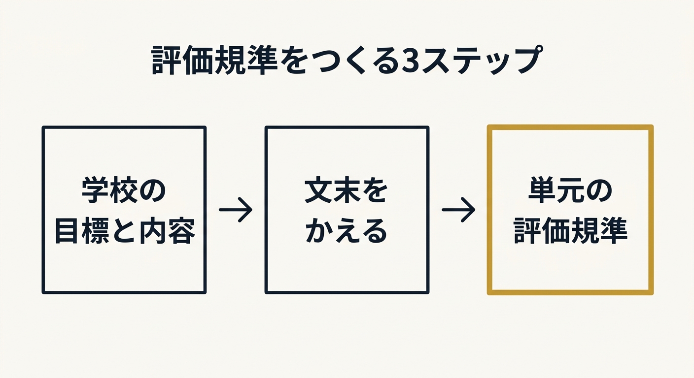 学校の目標と内容から文末を変えて単元の評価規準をつくる3ステップの図
