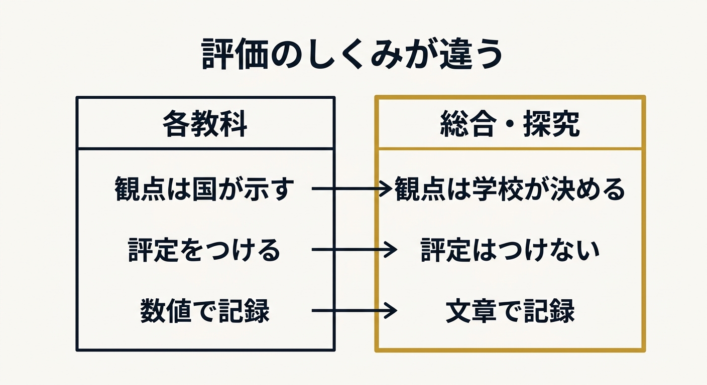 各教科の評価と総合的な学習・探究の時間の評価の違いを対比した図