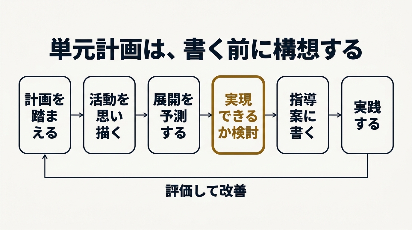 単元計画を作る手順と評価・改善で戻る流れを示した図解